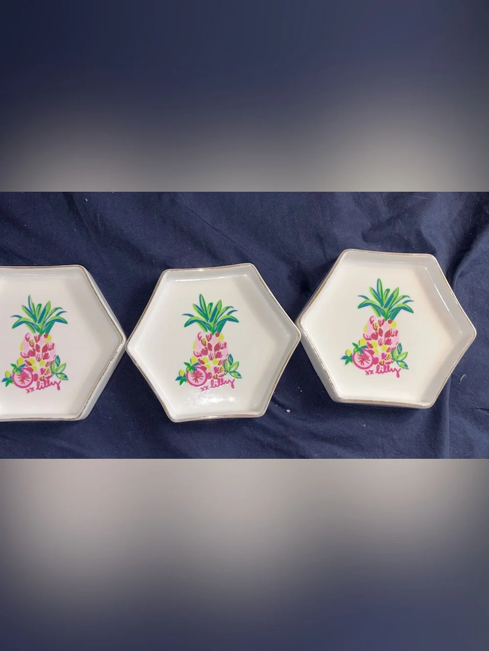 Lilly Pulitzer Hexagon Pineapple Trinket Dish in White, Pink & Green